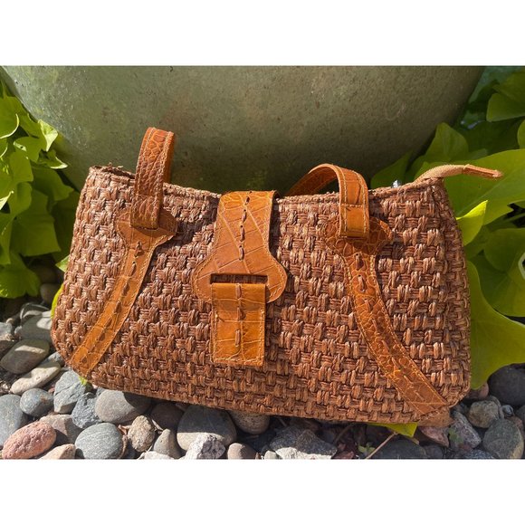 NWT Helen Kaminski Brown Leather Straps Tan Woven Handbag Zipper Top - Picture 1 of 3